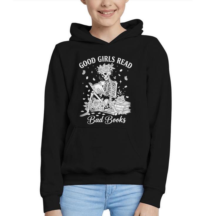 Good Girls Read Bad Books Skeleton Reading Book Halloween Graphic Youth Hoodie