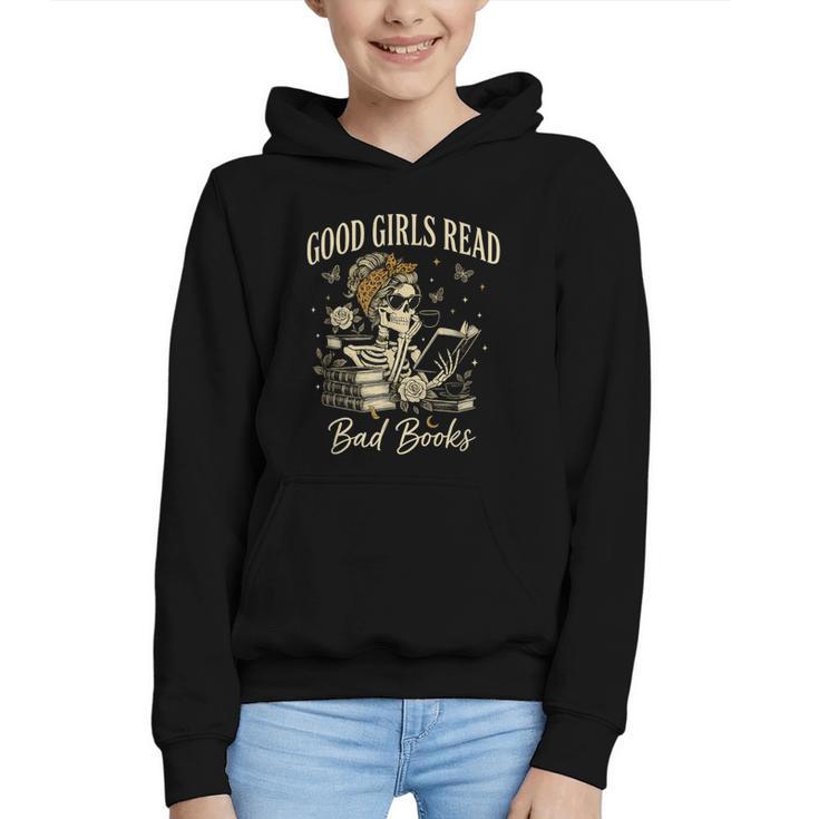 Good Girls Read Bad Books Vintage Skeleton Reader Graphic Youth Hoodie