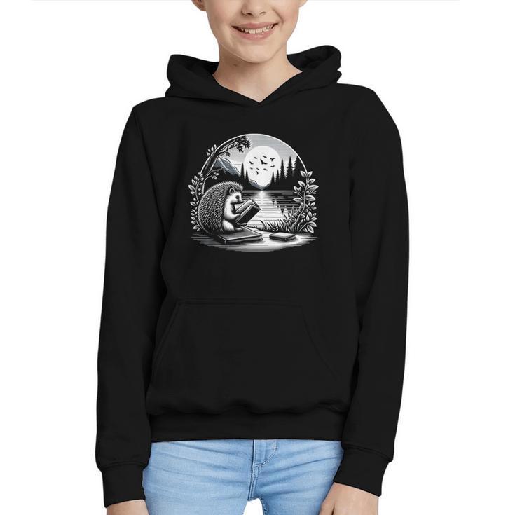 Hedgehog Reading Book Full Moon Lake Scenery Graphic Youth Hoodie