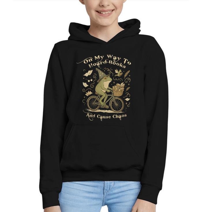 On My Way To Hoard Books And Cause Chaos Tom Foolery Frog Graphic Youth Hoodie