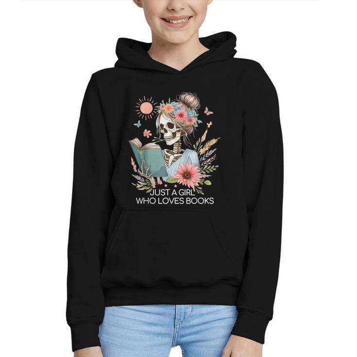 Just A Girl Who Loves Books Messy Bun Book Skeleton Bookworm Graphic Youth Hoodie