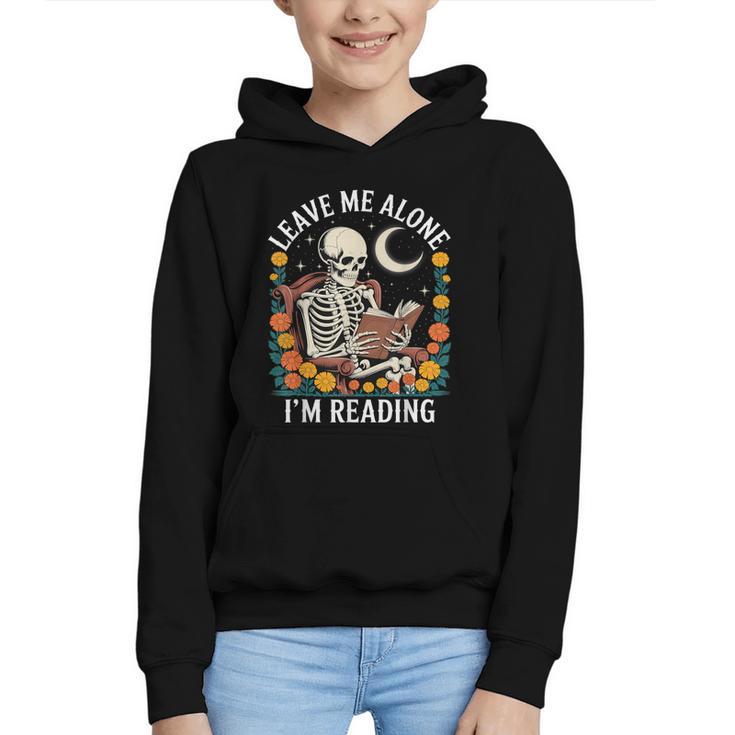 Leave Me Alone Skeleton Reading Book Floral Moon Librarian Graphic Youth Hoodie