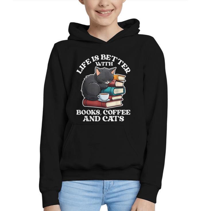 Life Is Better With Books Cats & Coffee Librarian Book Lover Graphic Youth Hoodie