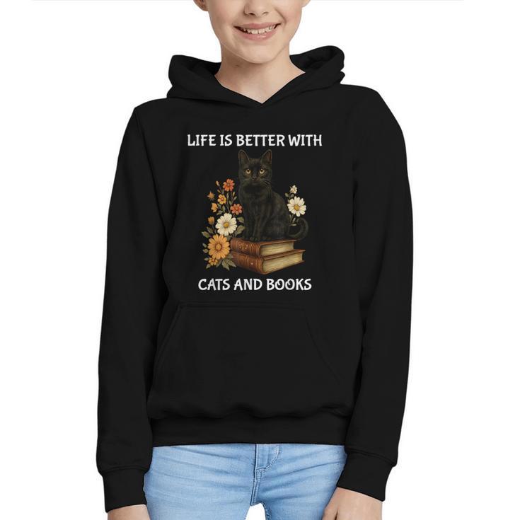 Life Is Better With Cats And Books Cute Cat Lover For Men Women Kids Graphic Youth Hoodie