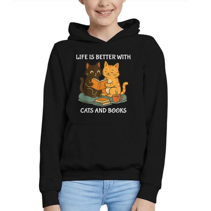 Life Is Better With Cats And Books Cute Cat Lover Graphic Youth Hoodie