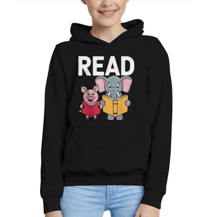 Pig Elephant Reading Cute Book Lover Bookworm Boys Girls Kid Graphic Youth Hoodie