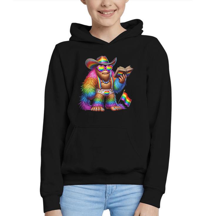Rainbow Pride Bigfoot Reading Book With Heart Glasses Graphic Youth Hoodie