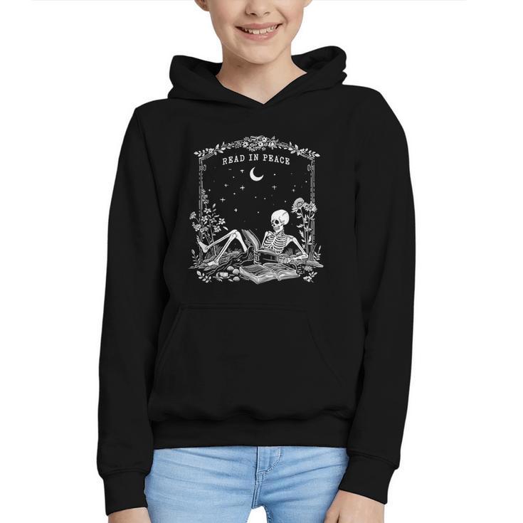 Read In Peace Skeleton Reading Book Halloween Bookish Graphic Youth Hoodie