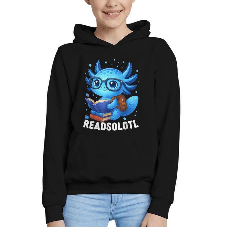 Readsolotl Blue Kawaii Axolotl Book Lover Reading Graphic Youth Hoodie