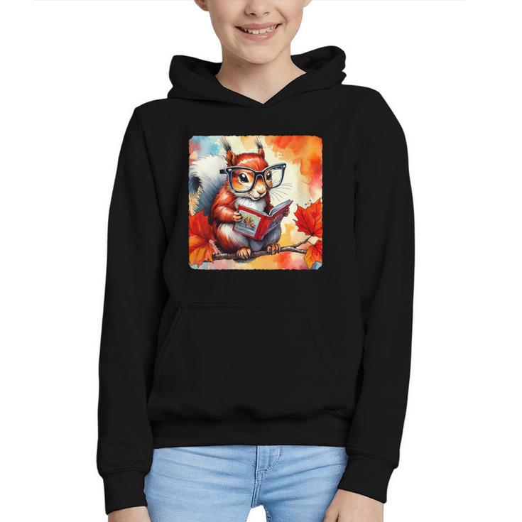 Squirrel Reading Comic Book On Autumn Branch Glasses Leaves Graphic Youth Hoodie