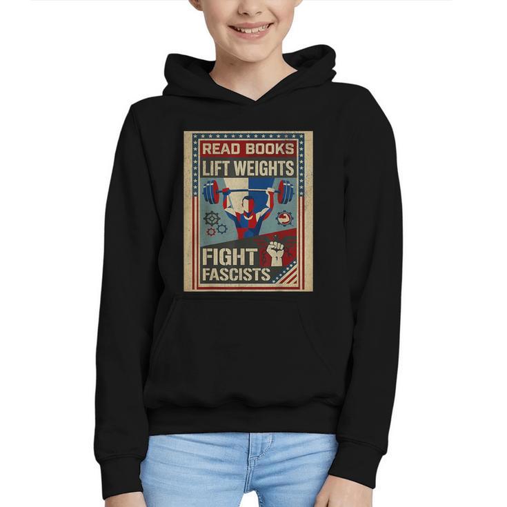 Vintage Style Read Books Lift Weights Fight Fascists Retro Graphic Youth Hoodie