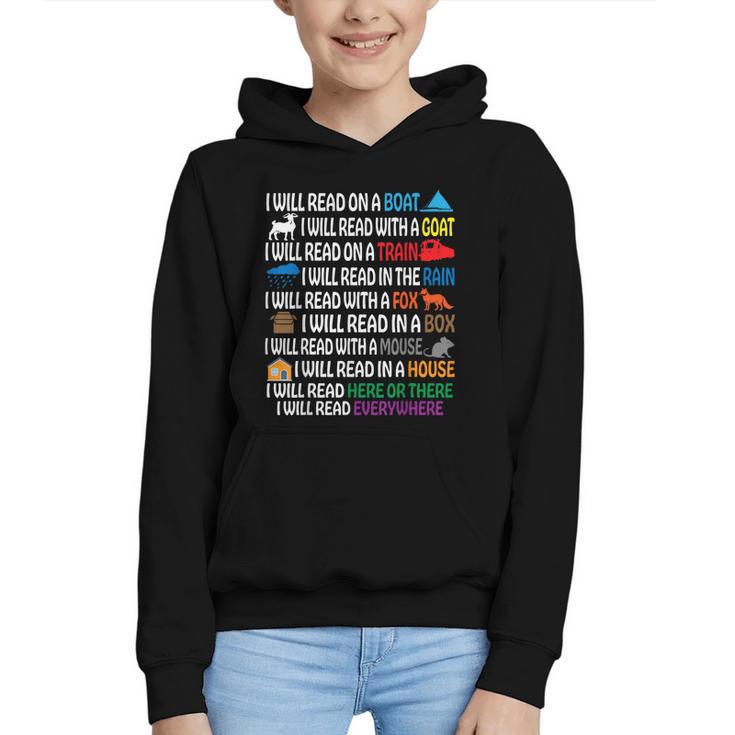 I Will Read Books On A Boat & Everywhere Reading Kids Book Graphic Youth Hoodie