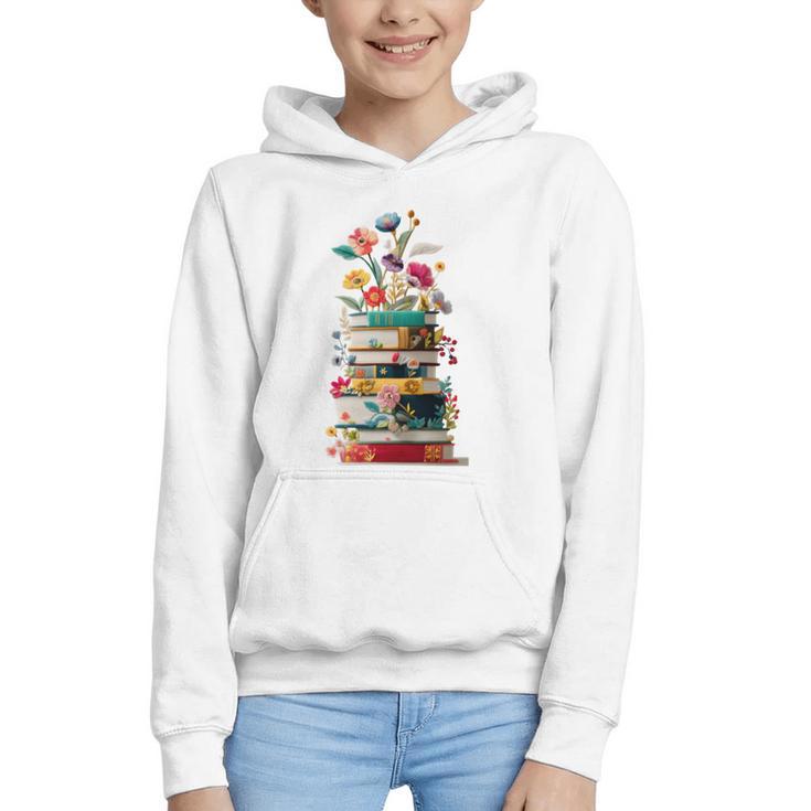 Book Stack With Flowers Reading Lover Bookish Graphic Youth Hoodie