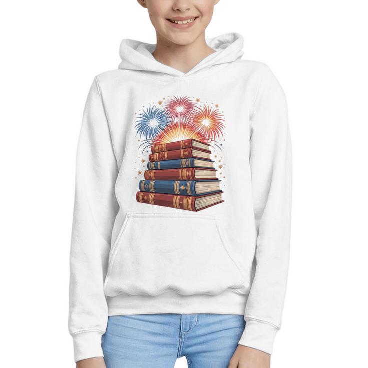 Books Fireworks 4th Of July Bookworm Patriotic Reader Graphic Youth Hoodie