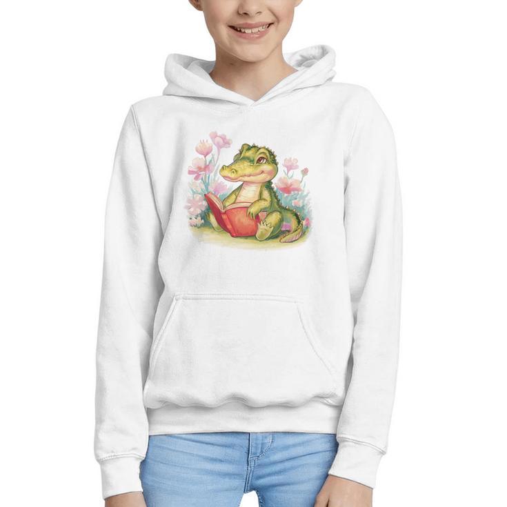 Crocodile Reading Book Watercolor Flowers Kids Graphic Youth Hoodie