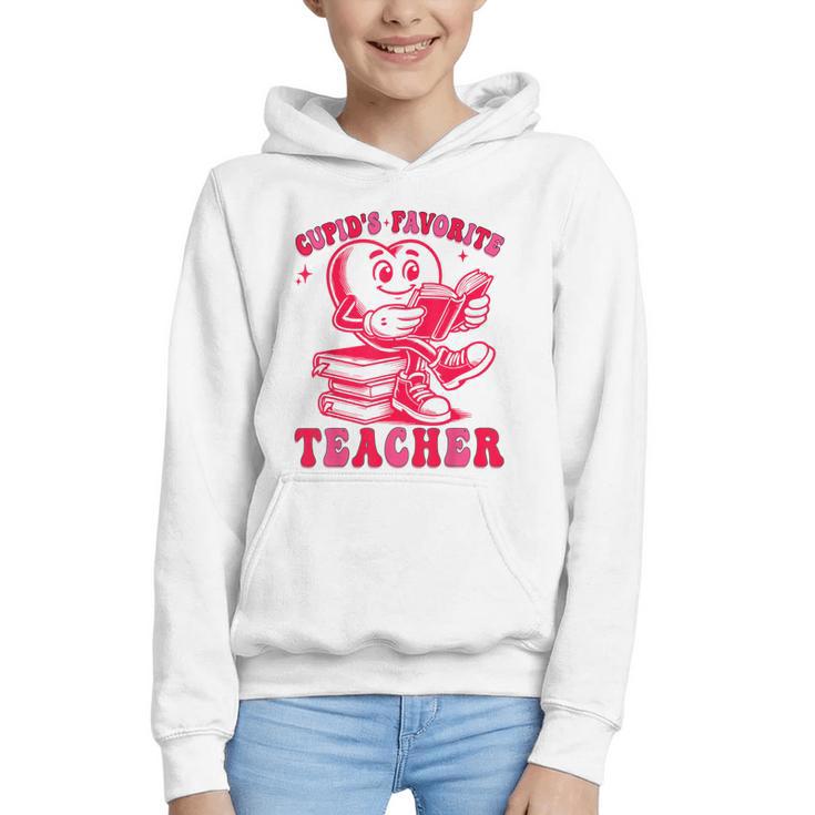 Cupid's Favorite Teacher Valentines Day Heart Book Lover Graphic Youth Hoodie