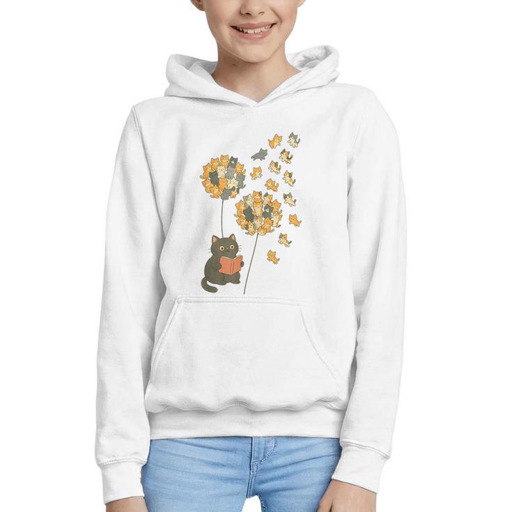 Cute Reading Cat With Kitten Dandelion Flowers Book Lover Graphic Youth Hoodie