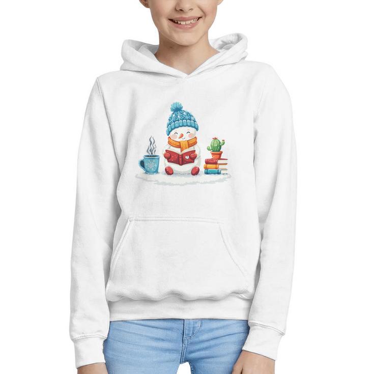 Cute Winter Cozy Snowman Reading Book Lovers Xmas Snowman Graphic Youth Hoodie
