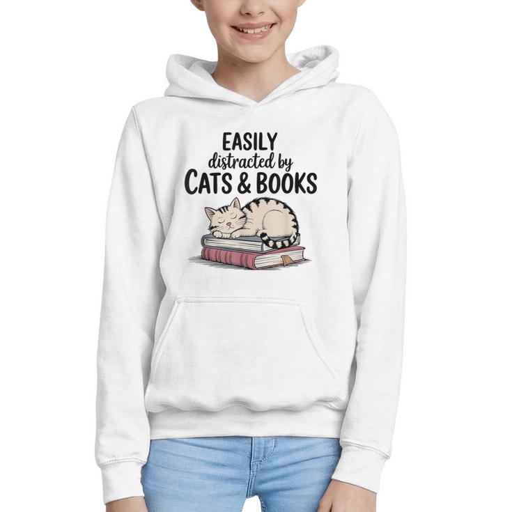 Easily Distracted By Cats And Books Cute Book Lover Graphic Youth Hoodie