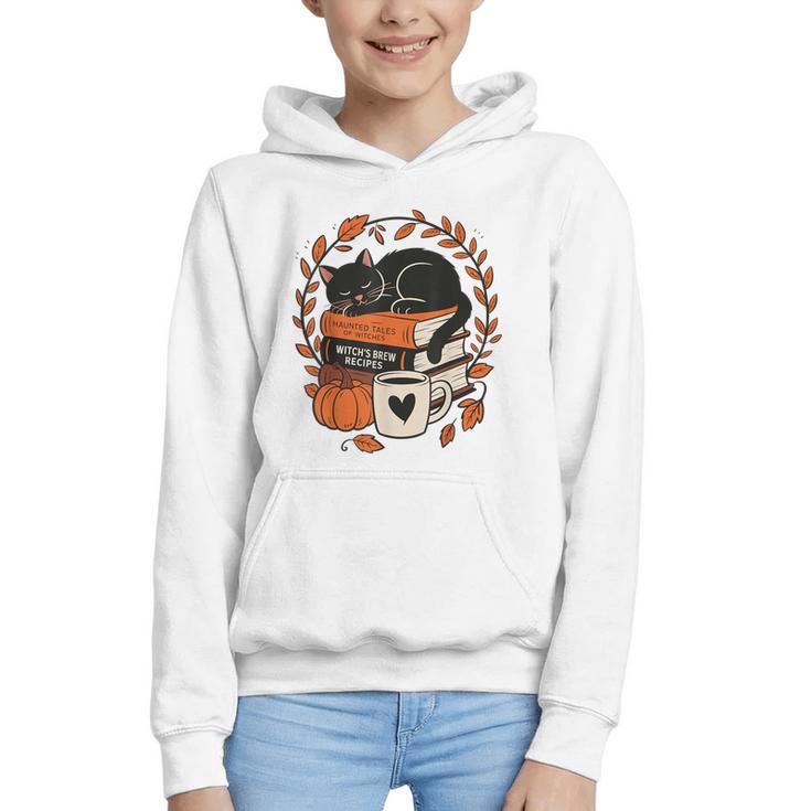 Fall Book Teacher Cat Books Halloween Autumn Librarian Graphic Youth Hoodie
