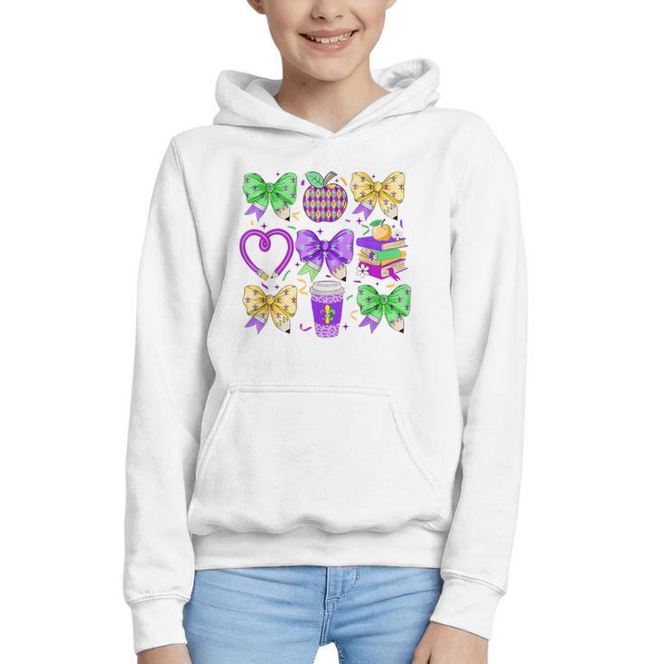 Mardi Gras Teacher Coquette Bow Pencil Apple Book Women Girl Graphic Youth Hoodie