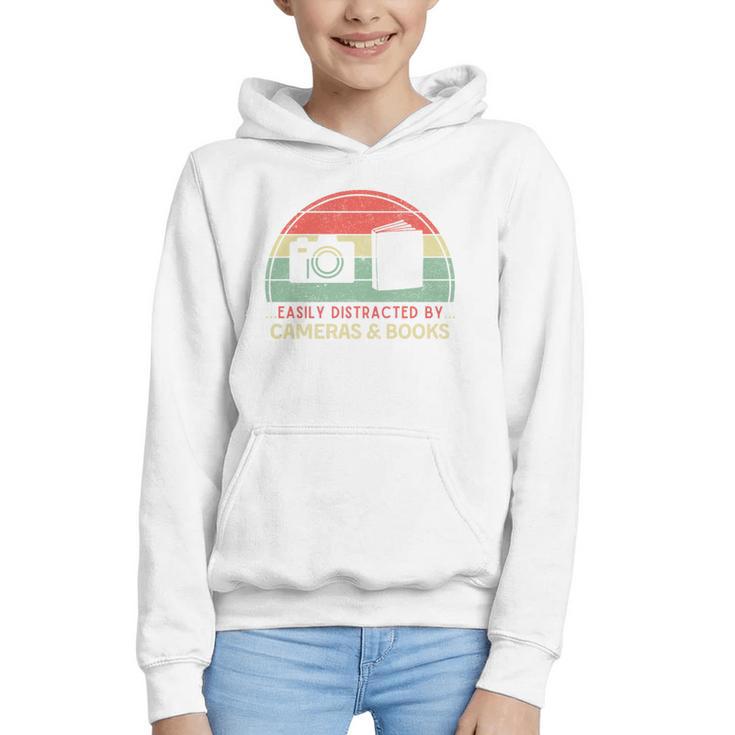 Retro Easily Distracted By Cameras & Books Photography Graphic Youth Hoodie