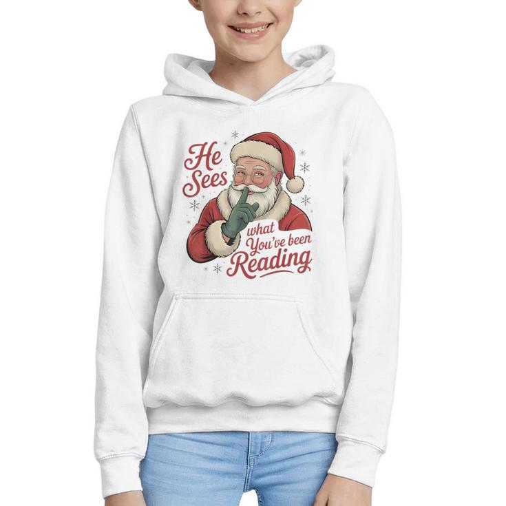 He Sees What You'Ve Been Reading Bookish Christmas Humor Graphic Youth Hoodie