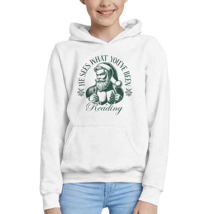 He Sees What You'Ve Been Reading Bookish Christmas Graphic Youth Hoodie