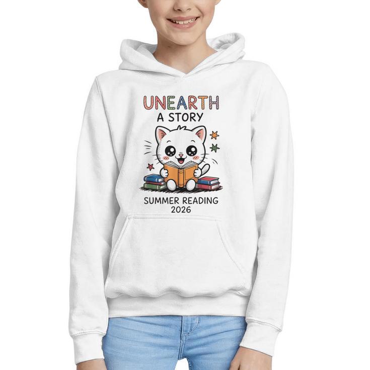 Unearth a Story Cute Kitten Summer Reading 2026 Cat Book Graphic Youth Hoodie