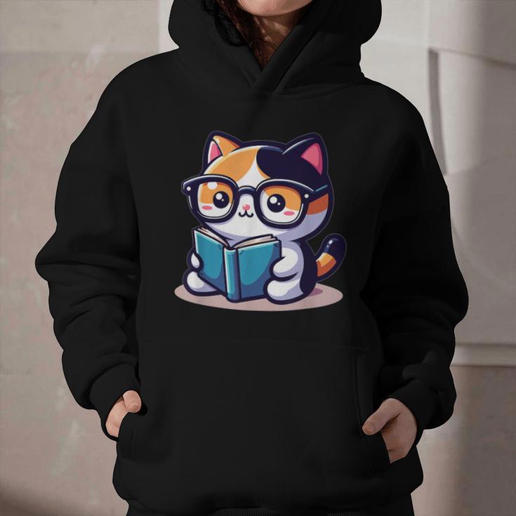 Adorable Book Lover Calico Cat With Reading Glasses Cute For Men Women Kids Graphic Youth Hoodie