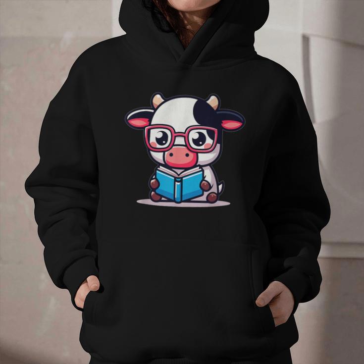 Adorable Book Lover Cow With Reading Glasses Cute Graphic Youth Hoodie