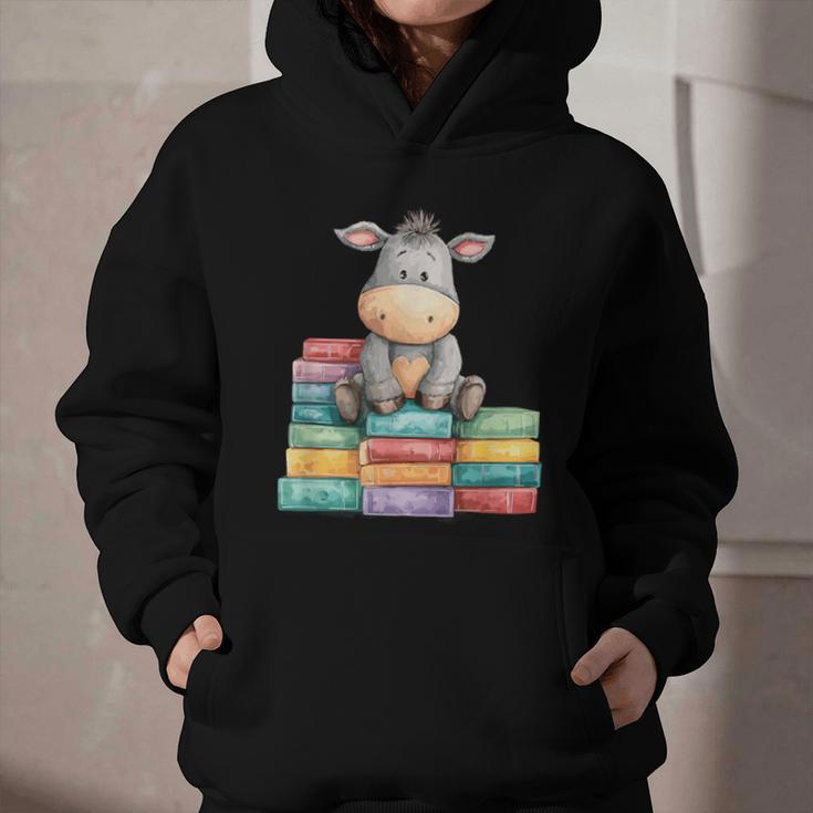 Adorable Donkey With Heart Sitting On Colorful Book Stack Graphic Youth Hoodie