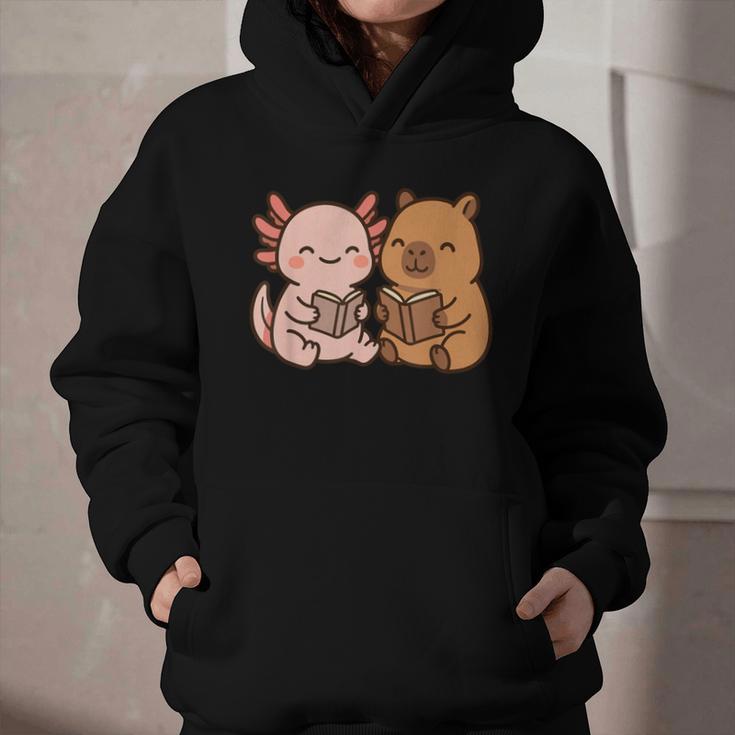 Capybara Axolotl Kawaii Kids Anime Book Lover Reading Graphic Youth Hoodie