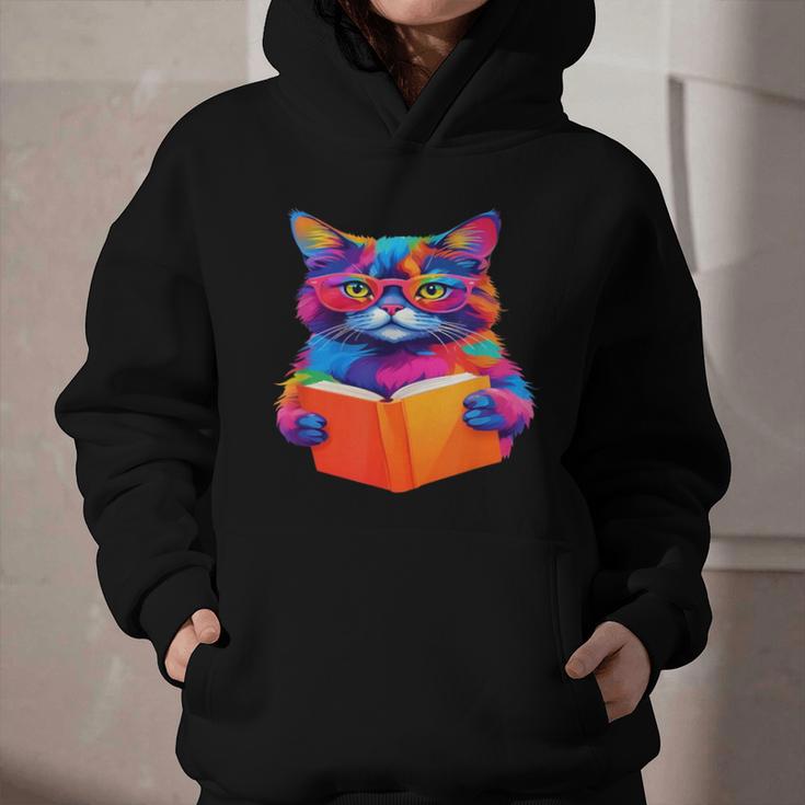 Cat Book Shirt Colorful Cat Reading Book Graphic Youth Hoodie