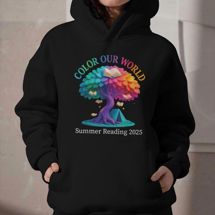 Color Our World Summer Reading 2025 Tree Book Lover Camping Graphic Youth Hoodie