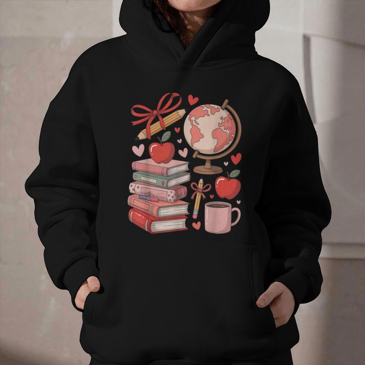 Coquette Teacher School Supplies Bows Books Globe Apple Cute Graphic Youth Hoodie