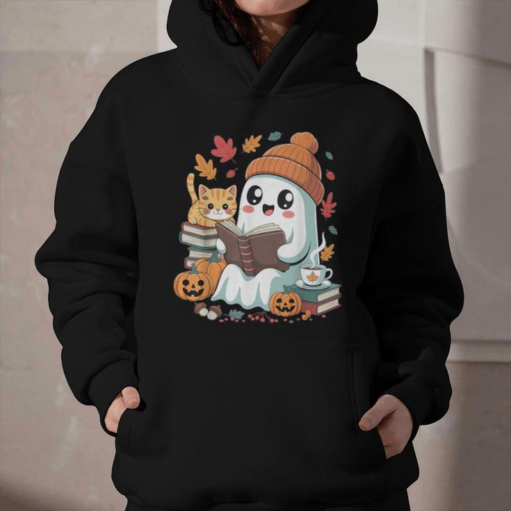 Cute Cozy Ghost Reading With Cat Book Lover Autumn Fall Graphic Youth Hoodie
