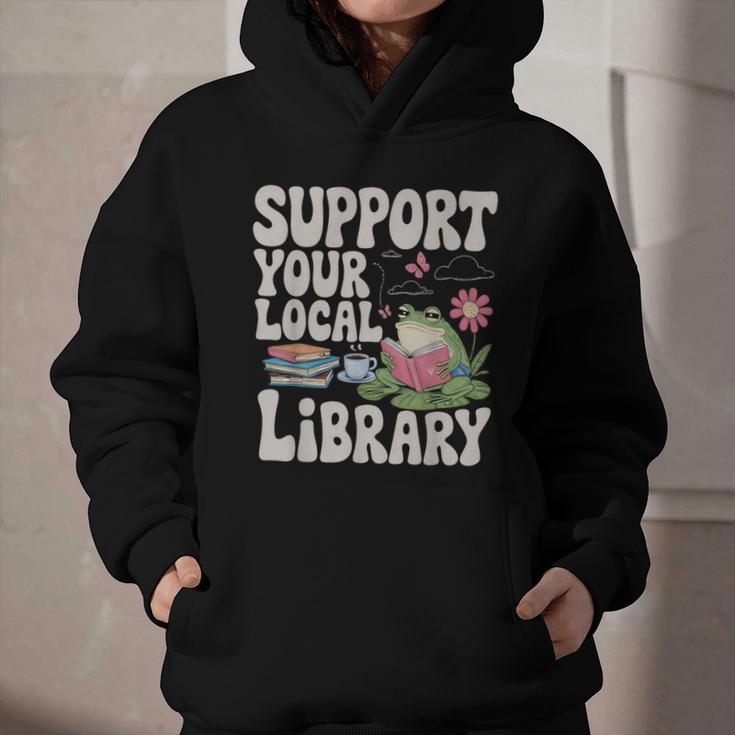 Cute Frog Support Your Local Library Librarian Book Lover Graphic Youth Hoodie