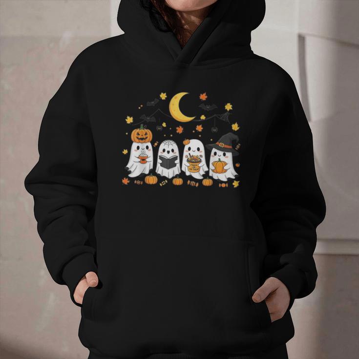 Cute Ghost Drinking Coffee Halloween Fall Ghost Book Reading Graphic Youth Hoodie