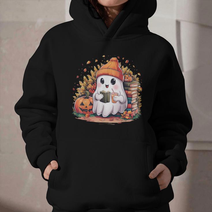 Cute Ghost Drinking Coffee Halloween Reading Book Retro Graphic Youth Hoodie