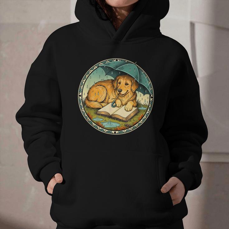 Dog Reading Book Rain Cozy Umbrella Cute Art Men Graphic Youth Hoodie