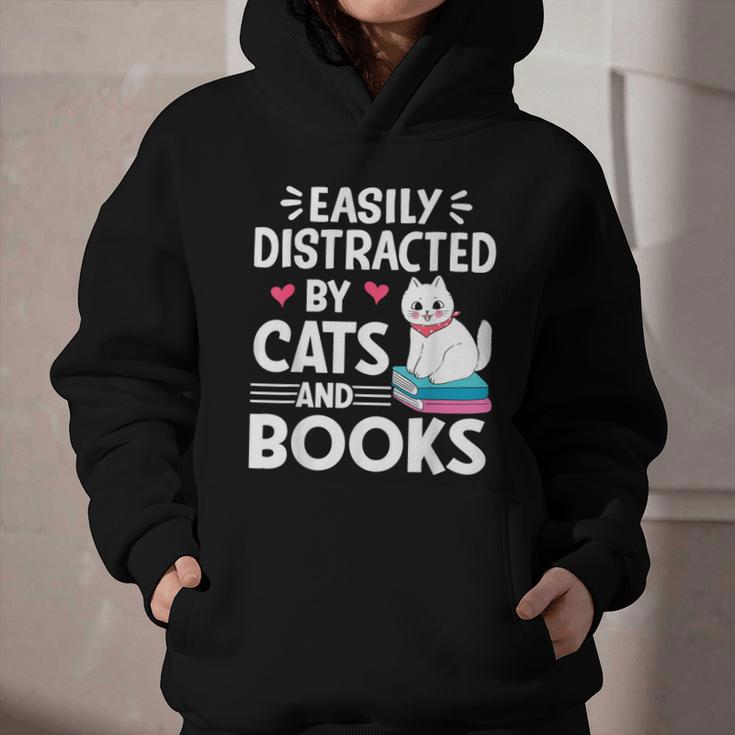 Easily Distracted By Cats And Books Cute Cat And Book Lovers Graphic Youth Hoodie