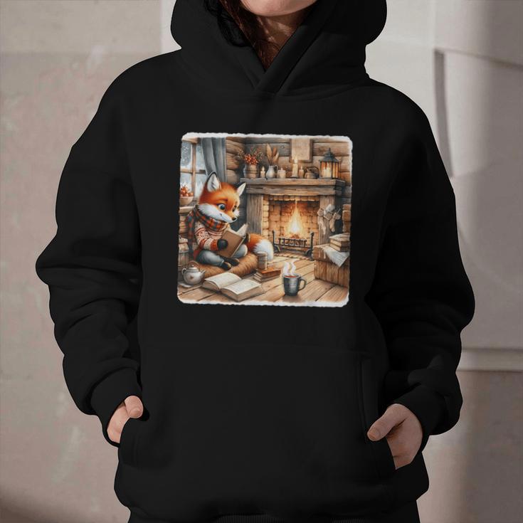 Fox Reads By Fireplace In Cabin Rustic Book Cozy Cup Tea Graphic Youth Hoodie