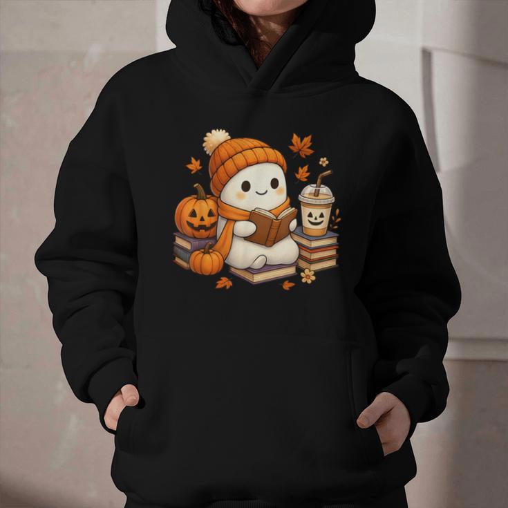 Halloween Ghost Reading Book Lovers Coffee Girl Women Graphic Youth Hoodie