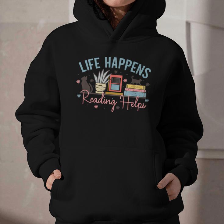 Life Happens Reading Helps Loves To Read Books Cats Graphic Youth Hoodie