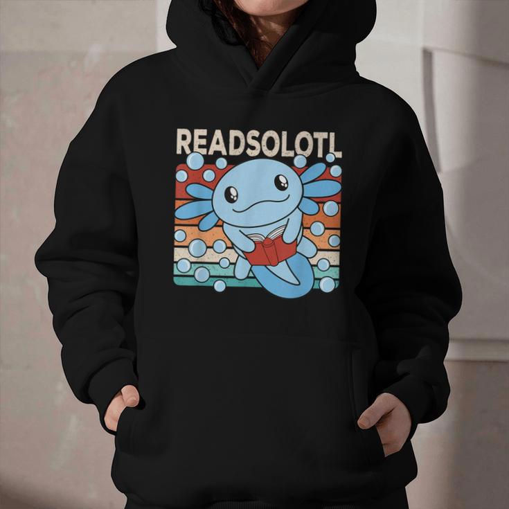 Readsolotl Blue Kawaii Axolotl Book Lover Reading Retro Graphic Youth Hoodie