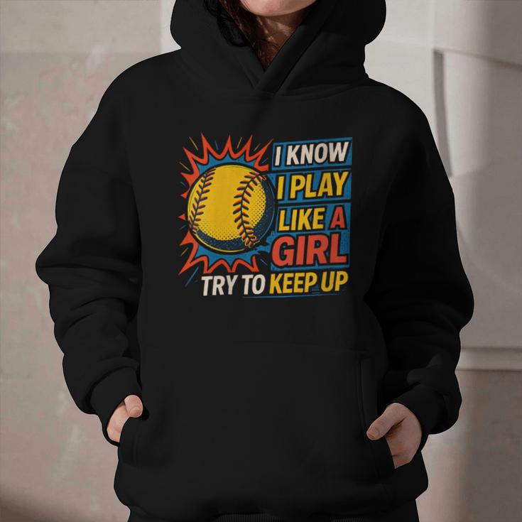 Women's Girls Softball Play Like A Girl Comic Book Pop Art Graphic Youth Hoodie Women's Girls Softball Play Like A Girl Comic Book Pop Art Graphic Youth Hoodie