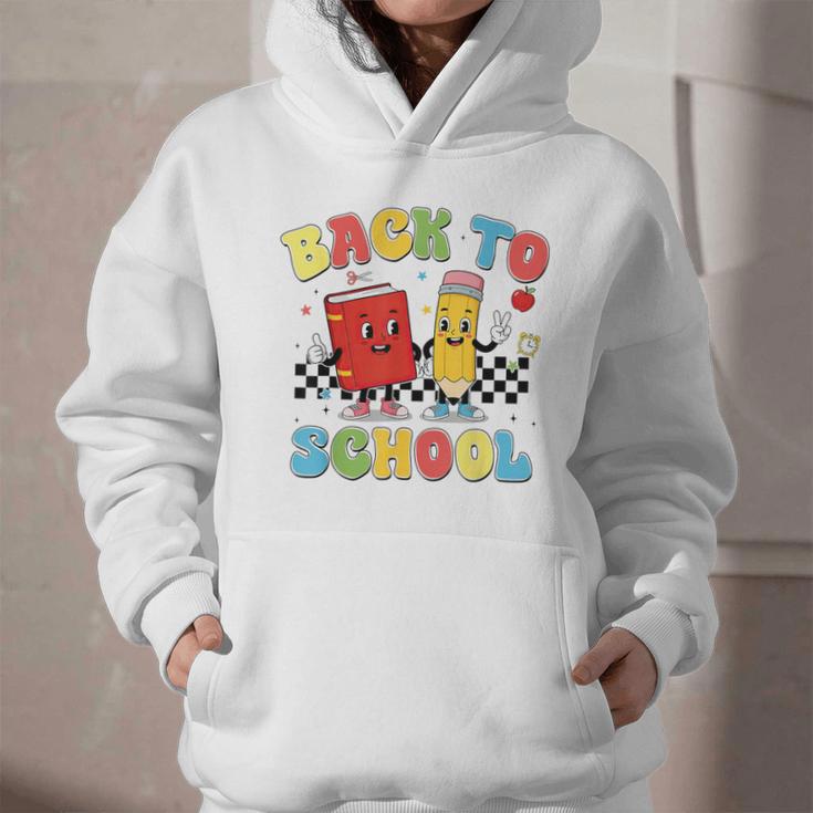 Back To School Checkered Book Pencil Groovy Teacher Student Graphic Youth Hoodie