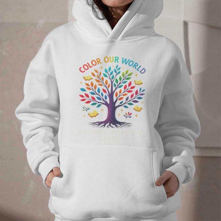 Color Our World Summer Reading Program 2025 Trippy Book Tree Graphic Youth Hoodie