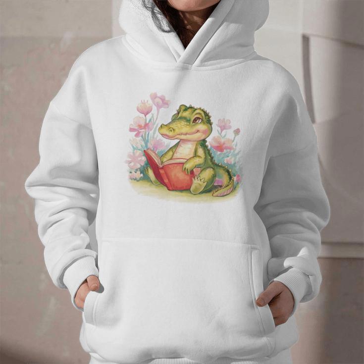 Crocodile Reading Book Watercolor Flowers Kids Graphic Youth Hoodie